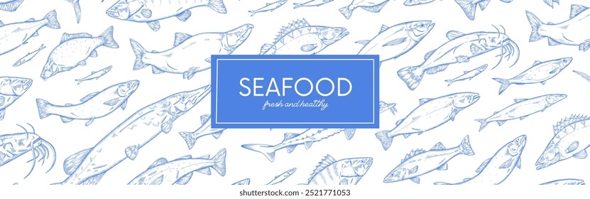 Design de banner web restaurante frutos do mar em estilo desenhado à mão. Modelo de cartaz horizontal com padrões vintage de diferentes espécies de mar, peixes de lago. Ilustração detalhada do vetor da estrutura de tópicos