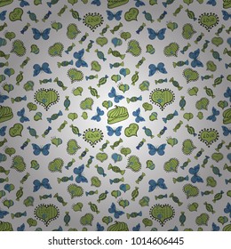 Design. Seamless All you need is love quote with hearts. Vector illustration. Textile graphic t shirt print on white, green and blue colors.
