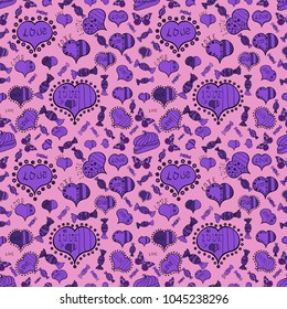 Design. Seamless All you need is love quote with hearts. Vector illustration. Textile graphic t shirt print on pink, violet and black colors.