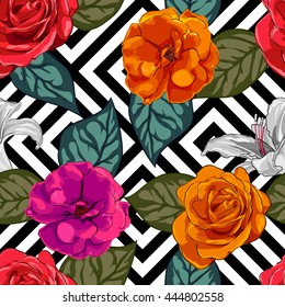Design seamless background for fabrics, floral ornament. Hand painted illustration on geometric background