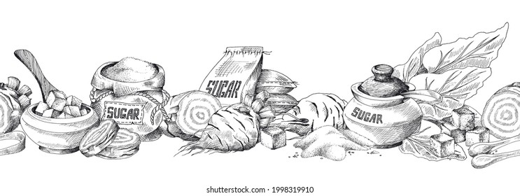 Design of seamless banner with beet roots, crystal powder and cubes refined sugar, sacks and kitchenware full of natural food sweetener. Vector illustration in engraved style.