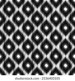 design seamless black-white ikat pattern, featuring intricate geometric shapes tribal-inspired motifs that embody classic ethnic style.pattern showcases bold contrast black diamonds chevrons against 