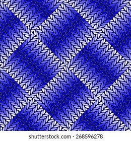 Design seamless blue knitted pattern. Thread textured geometric background. Vector art. No gradient