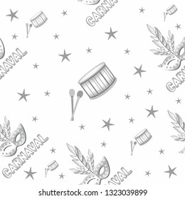 Design seamless Carnival in Brazil. Vector illustration for design of a Popular event. Festive mood. Carnival name with colorful elements. Linear style, monochrome image 
