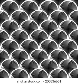 Design seamless circle striped geometric pattern. Abstract monochrome waving lines background. Speckled texture. Vector art