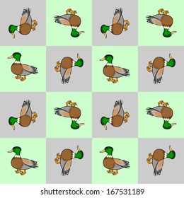 Design seamless colorful checked pattern. Geometric pattern with cute ducks. Vector art