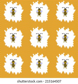 Design seamless colorful honeycombs pattern with funny cartoon bees. Vector art