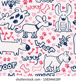 Design seamless with dogs, puppies doodle style. Bicolor pink and dark blue colors. Funny cute pets, animals on white background. Childish collection. For textile, paper design.  Decor- bones, hearts.