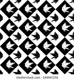 Design seamless monochrome diamond pattern with a silhouette of bird. Vector art