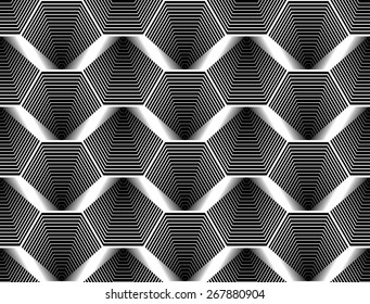 Design seamless monochrome hexagon geometric pattern. Abstract striped zigzag background. Vector art. No gradient