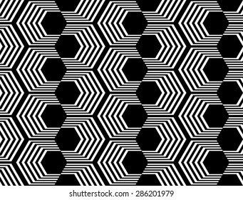 Design seamless monochrome hexagon geometric pattern. Abstract striped zigzag background. Vector art. No gradient