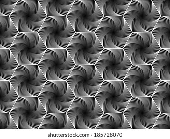 Design seamless monochrome hexagonal geometrical pattern. Abstract whirl lines textured background. Vector art