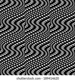 Design seamless monochrome movement illusion trellis pattern. Abstract distortion textured twisting background. Vector art