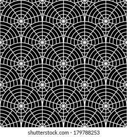 Design seamless monochrome spider web pattern. Uncolored geometric circular diagonal background. Vector art