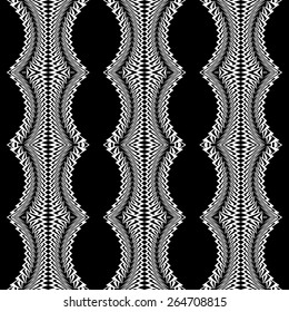 Design seamless monochrome stripy pattern. Abstract warped twisting textured background. Vector art. No gradient