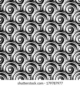 Design seamless monochrome vortex pattern. Uncolored geometric ellipse diagonal background. Vector art