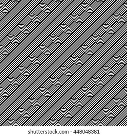Design seamless monochrome waving pattern. Abstract stripy background. Vector art