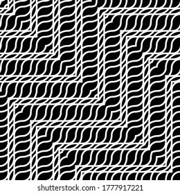 Gestalten Sie nahtlose, monochrome Zickzackmuster. Abstrakter, interlacierter Hintergrund. Vektorkunst