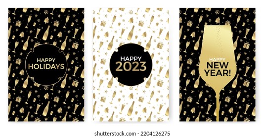 Design with seamless pattern background of sparkling wine and christmas icons. New year greeting cards. Elegant background in gold and black colors. Vector