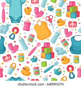 Design seamless  pattern with childhood's items .Ã?ackground  with newborn staff for decorating flyers. Backdrop for card, invitation for babies shower with infant clothes, toys, accessories . Vector
