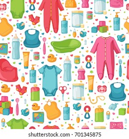Design seamless pattern with childhood's items . Background with newborn staff for decorating flyers. Backdrop for card, invitation for babies shower with infant clothes, toys, accessories . Vector