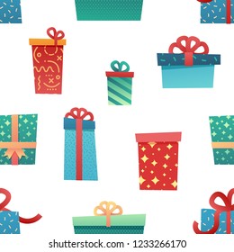 Design seamless pattern for christmas background and Wrapping paper. Wallpaper with illustration present and gift box decoration for bithday and holiday.  backdrop fabric and textile. Vector