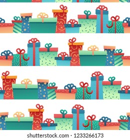 Design seamless pattern for christmas background and Wrapping paper. Wallpaper with illustration present and gift box decoration for bithday and holiday.  backdrop fabric and textile. Vector