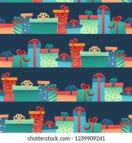 Design seamless pattern for christmas background and Wrapping paper. Wallpaper with illustration present and gift box decoration for bithday and holiday.  Ornament on blue navy backdrop. Vector.