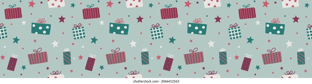 Design of seamless pattern with Christmas present boxes. Panoramic header. Vector