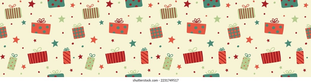 Design of seamless pattern with Christmas present boxes. Panoramic header. Vector