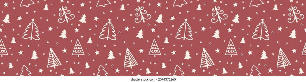 Design of seamless pattern with Christmas trees. Panoramic header. Vector