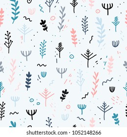 Design of a seamless pattern with a decor of flowers, leaves and twigs. A gentle background in the Scandinavian style of minimalism. Modern wallpaper in the style of a huggie. Vector.