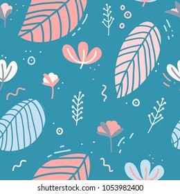 Design of a seamless pattern with a decor of flowers, leaves and twigs. A gentle background in the Scandinavian style of minimalism. Modern wallpaper in the style of a huggie. Vector.