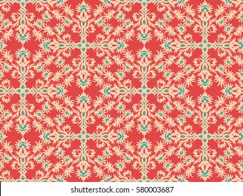Design of Seamless pattern with floral and geometrical ornament in retro style. Vector illustration. The red drawing with arabesques.