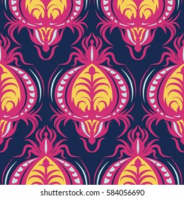 Design of Seamless pattern with floral and geometrical ornament in retro style. Vector illustration. The blue and yellow drawing with arabesques.