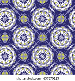 Design of Seamless pattern with floral and geometrical ornament in retro style. Vector illustration.