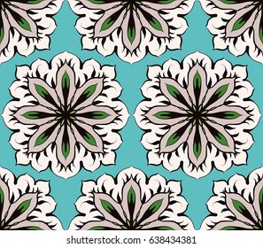 Design of Seamless pattern with floral and geometrical ornament in retro style. Vector illustration.