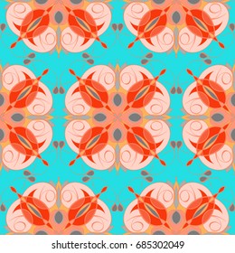 Design of Seamless pattern with floral and geometrical ornament in retro style. Vector illustration.
