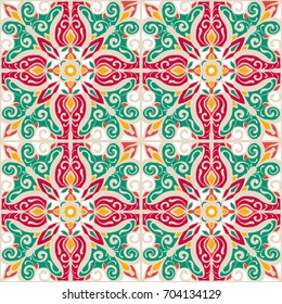 Design of Seamless pattern with floral and geometrical ornament in retro style. Vector illustration.