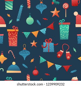 Design seamless pattern with Merry Christmas trendy illustration.  Wallpaper with New Year holiday elements. Backdrop with Gift box, garland, toys. Celebration ornament on dark background. Vector