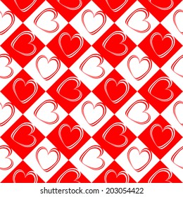 Design seamless red hearts pattern. Abstract checked geometric background. Vector art