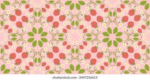 Design of a seamless strawberry pattern with adorable berries, flowers, green leaves. Repeated surface design applicable for baby clothing, textiles, wrapping paper, and additional purposes.