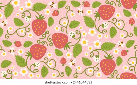 Design of a seamless strawberry pattern with charming berries, flowers, green leaves, and a little bee. Repeated surface design applicable for children apparel, textiles, wrapping paper