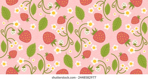 Design of a seamless strawberry pattern with charming berries, flowers, green leaves. Repeated surface design applicable for apparel, textiles, wrapping paper, and additional purposes.