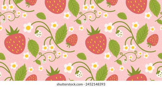 Design of a seamless strawberry pattern with charming berries, flowers, green leaves. Repeated surface design applicable for apparel, textiles, wrapping paper, and additional purposes.