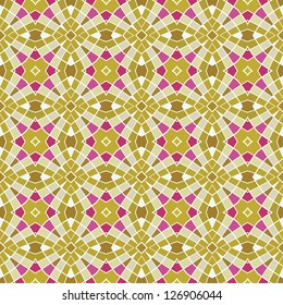 Design for seamless tiles with geometric lines and squares in green, purple, pink, white