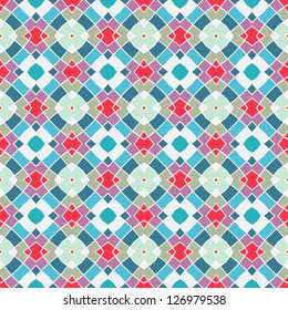 Design for seamless tiles with geometric lines and squares in blue, red, grey, purple