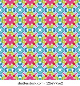 Design for seamless tiles with geometric lines and squares in blue, green, pink, red