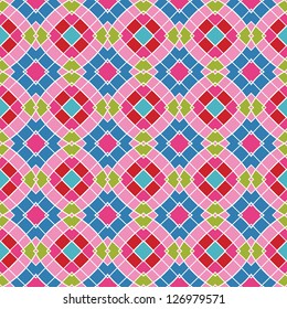 Design for seamless tiles with geometric lines and squares in pink, green, blue, red