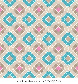 Design for seamless tiles with geometric lines and squares in pink, blue, grey